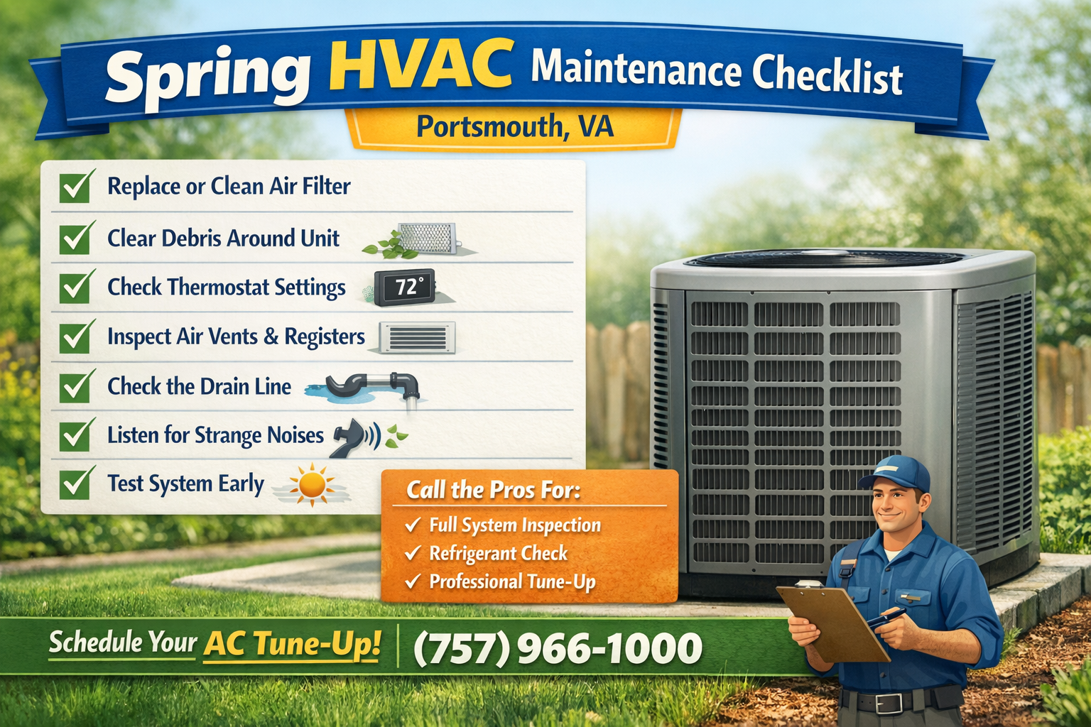 Spring HVAC maintenance checklist for Portsmouth VA homes including AC tune-up steps
